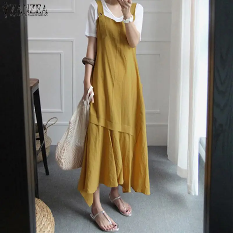 

ZANZEA 2019 A-line Women Dress Long Maxi Dresses Summer Autumn Sleeveless Femme Robe Vestidos Casual Vintage Plus Size Sundress