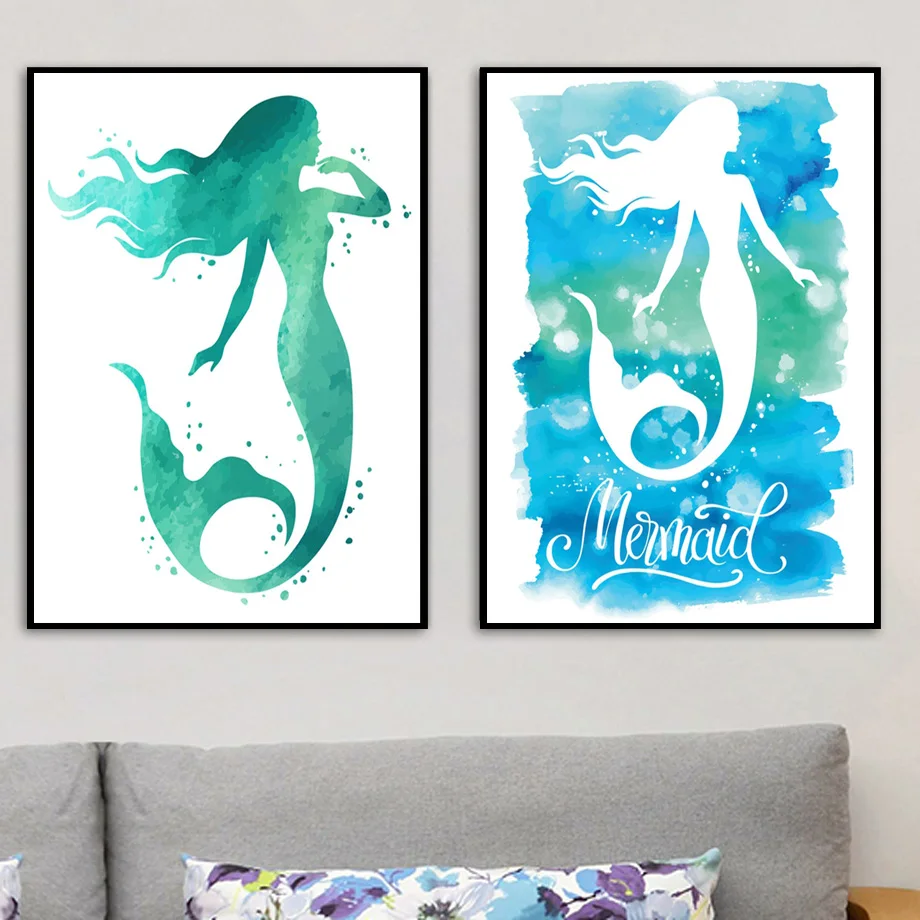 

Watercolor Mermaid Print And Poster Hand Drawn Wall Art Picture Print on Canvas Nordic Style Kids Girls Room Decor Unframed