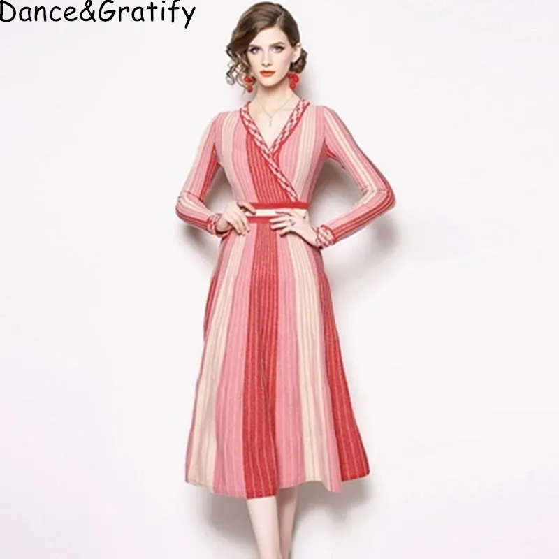 

2019 New Spring V-neck Bandage Runway Dress Women Fashion Brand Designer Sweet Knitting Sweater Striped Dress