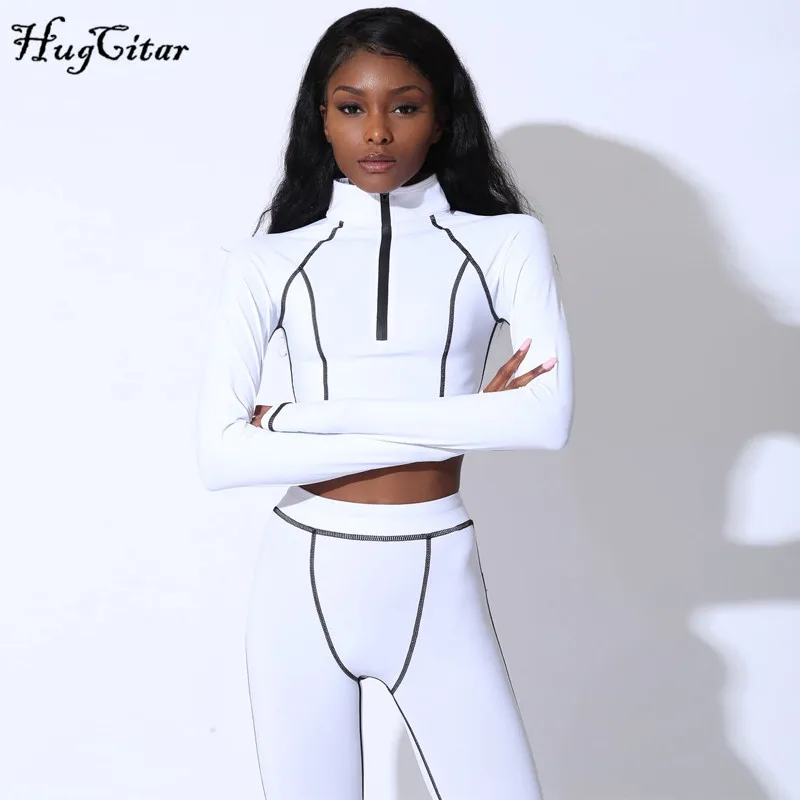 Cena Hugcitar stripe line patchworkowy zamek błyskawiczny krótkie bluzki legginsy 2 dwa kawałki zestaw 2019 jesień kobiety dres streetwear kobiece stroje