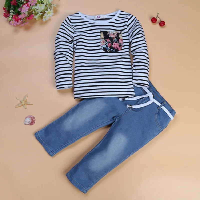 2019 FALL 2PCS girls outfits casual long sleeve o-neck stripe T-shirts with pocket+jeans clothing set for 2-8 years kid girls