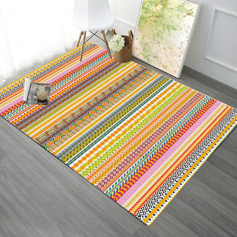 

Ethnic Boho Colorful Striped Irregular Geometric Soft Flannel Floor Mat Bathroom Parlor Living Room Home Decor Carpet Area Rug