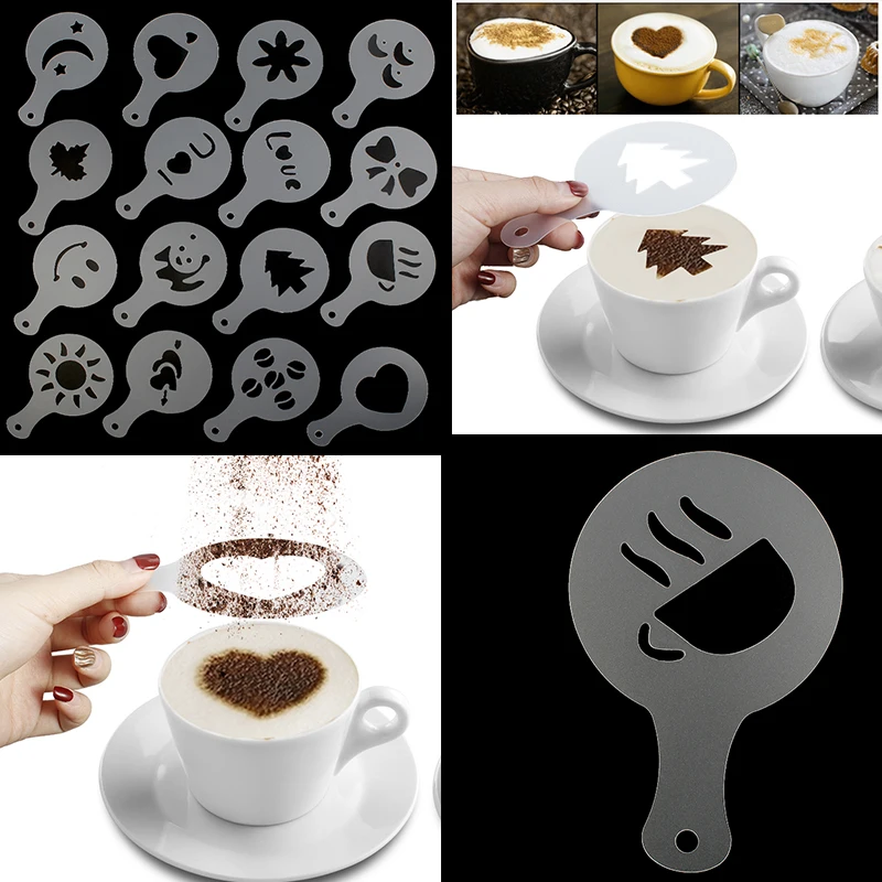 Farfi 16Pcs DIY Coffee Latte Cappuccino Mold Art Baking Stencils Template  Dusting Pad (1 set)