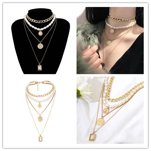 Punk Multi Layered Pearl Choker Necklace Collar Statement Crystal Pendant Necklace Women Jewelry Hot