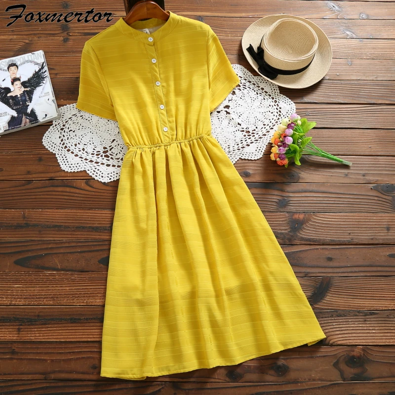 

New Summer Dress Women Stand Collar Casual Loose Solid Short Sleeve Boho Dress Maxi Yellow Dresses Tunic Vestidos Femininos E144
