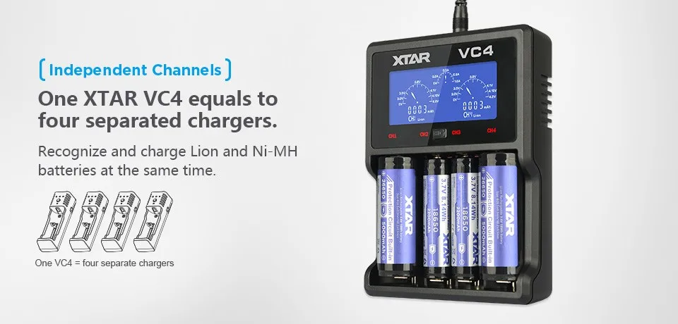 XTAR VC4 зарядное устройство для батареи 3,7 в Интеллектуальный литий-ионный 18650 26650 10440 16340 18350 26500 AA/AAA NiMH Зарядное устройство для литиевых батарей