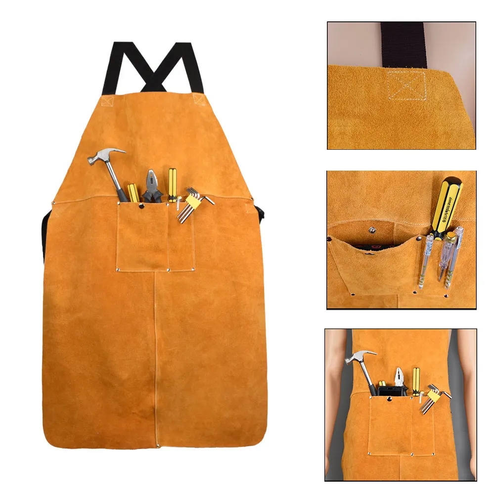 

Men Women Thicken Protective Blacksmith Anti-scalding Adjustable Cowhide Leather Apron Wear-resistant Front Pocket Working