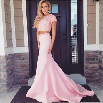 

2019 Hot Sale Two Piece Gown Pearls Mermaid Backless Cap Sleeves O-Neck Satin Evening prom Dresses long for women