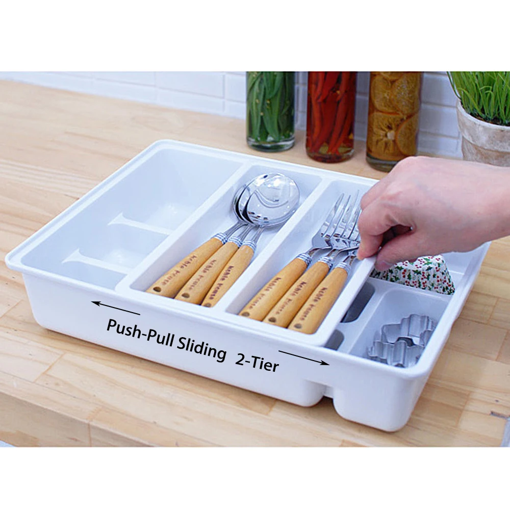 Kitchen Drawer Dividers Cutlery Tray Sliding 2 Tier Plastic Drawer