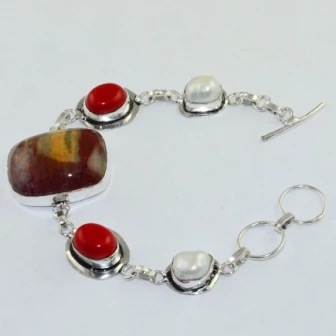 

Bloodstone & Coral & Pearls Silver Overlay on Copper Bracelet , 19.5 cm, B1759