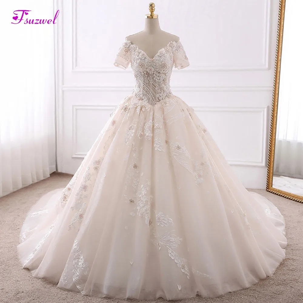 Fsuzwel Vestido de Noiva Appliques Chapel Train бальное платье Свадебные платья Роскошные жемчужины бисером v-образным вырезом принцесса свадебное платье