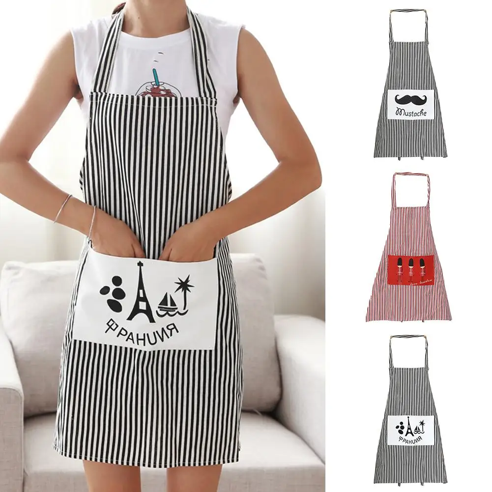 

Home Kitchen Restaurant Apron Women Vertical Stripes Bib Cooking Apron with Pocket