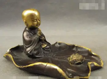 

S03991 Chinese Bronze Gilt Kid Monk Amitabha Buddha Lotus Statue Ashtray Brush Washer