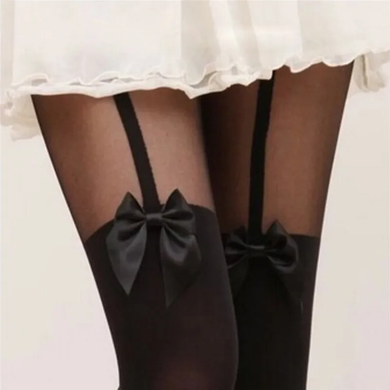 Women Black Sexy Black Stockings Thin Tights Bow Pantyhose Tattoo Mock Bow Suspender Sheer Stocking  Female Golfs