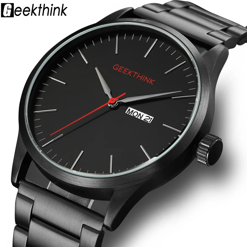

GEEKTHINK Quartz Watches Men Top Luxury Brand Casual Stainless Steel Fashion Sport Male Clock Simple Style Black Watch For Men