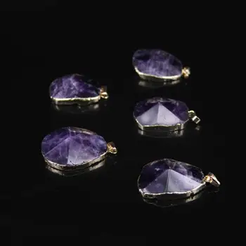 

5pcs/lot,Natural Amethysts Faceted Slab Pendant,Gold edged with Purple Quartz Crystal Freeform cut Slice Oval Pendant Necklace