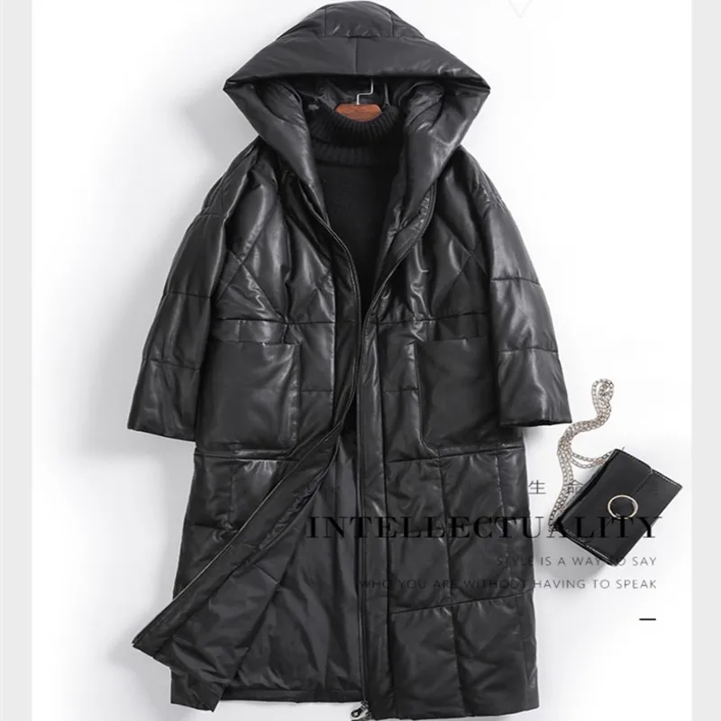 

New Female Warm Genuine Leather Coats Hooded Long Sheepskin Down Coat Women's Qualuty Leather Trench