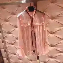 FSS022 pearl button thin silk shirt suspenders/women’s pink bow shirts/women silk shirts/lady bow blouses/pink sleeve blouses