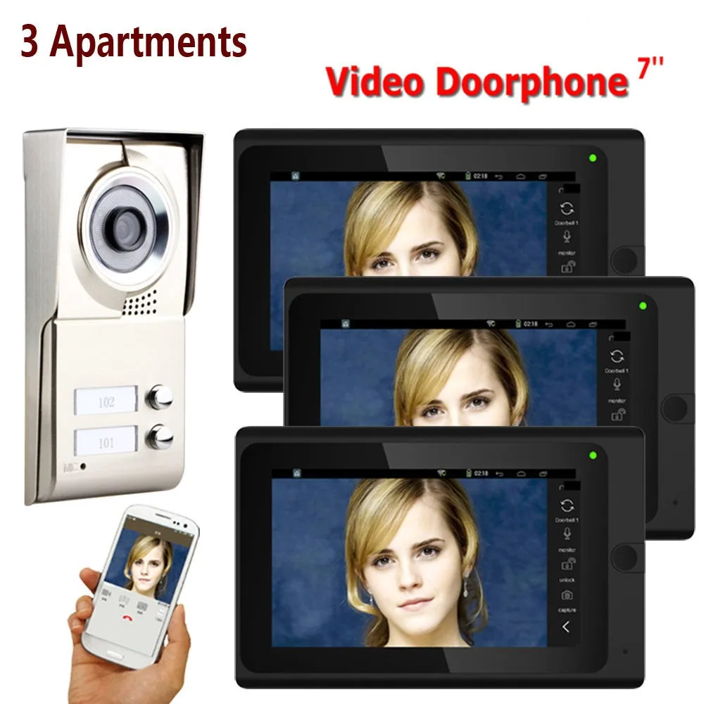 

SmartYIBA For 3 Units Apartment Intercom 7" Touch Screen WiFi Wired Video Door Phone Doorbell Intercom System HD 1000TVL Camera