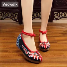 Veowalk/Женская парусиновая обувь на плоской платформе с ремешком на щиколотке и вышивкой; Повседневная Удобная Женская обувь в китайском стиле из хлопка с вышивкой