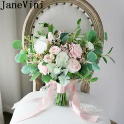 JaneVini свежий розовый белый роза букет невесты Зеленый Лист Свадебный букет цветов Свадебные цветы искусственная брошь Evlilik Mariage