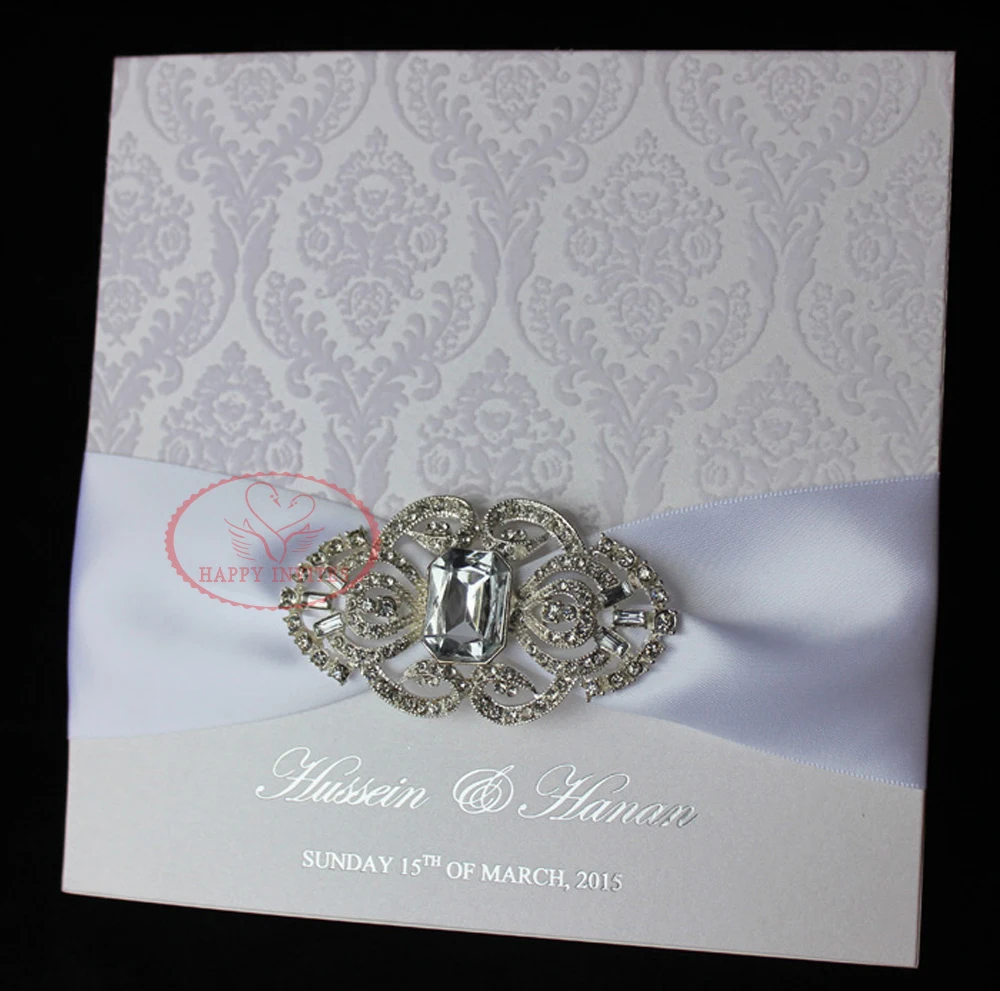 HI6023-07 Elegant White Flocking Invites with Ribbon and Brooch
