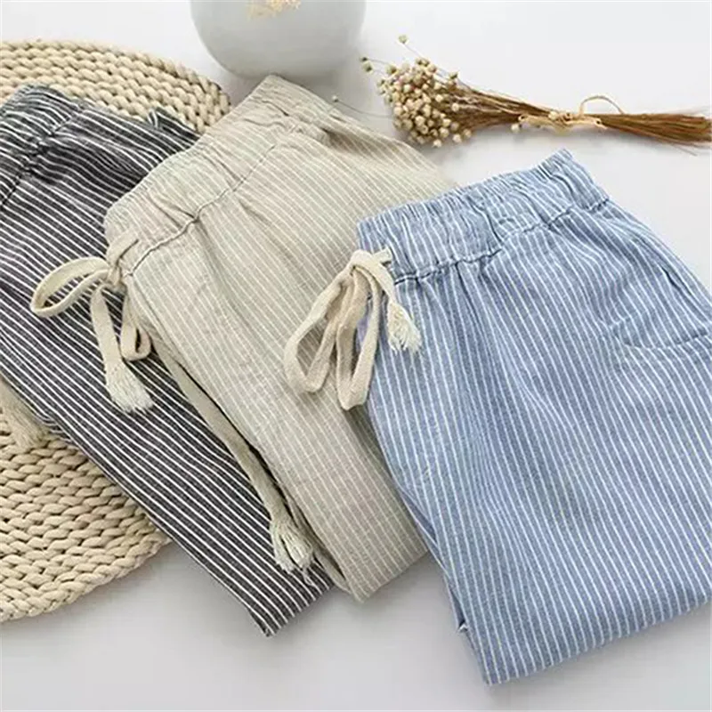 

Cotton Linen Women Casual Pants 2019 Fashion Loose Long Pants Elastic Waist Straight Striped Trousers Pantalon