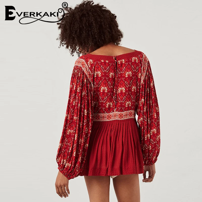 Everkaki Red Boho Blouse Shirt Peplum Top Long Sleeve Floral Print Cotton V Neck 2018 Bohemian Blouses Women Tops And Blouses