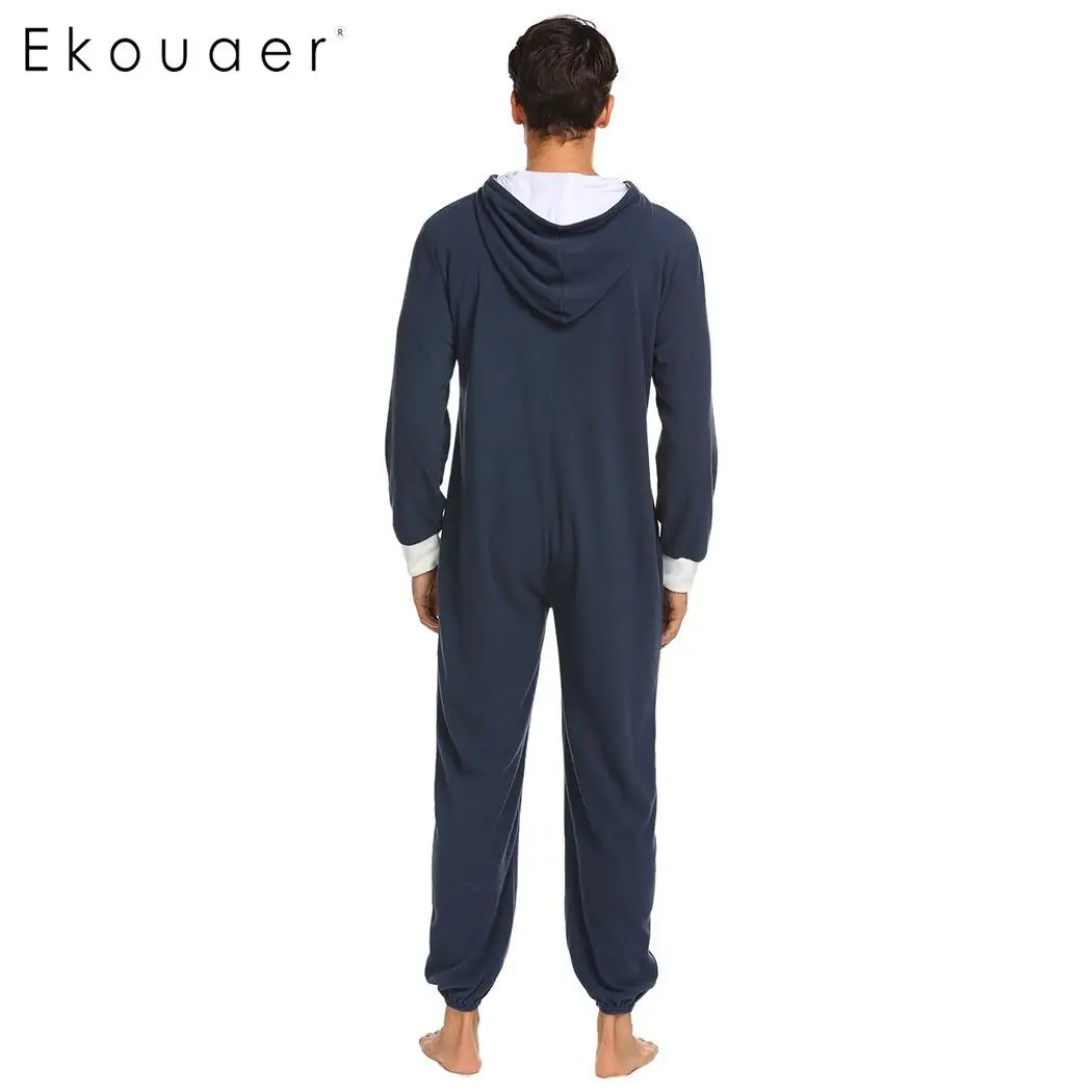 Ekouaer мужской пижамный комплект onesies Пижама флис с капюшоном с длинным рукавом на молнии пэчворк размера плюс цельные пижамы S-XXL