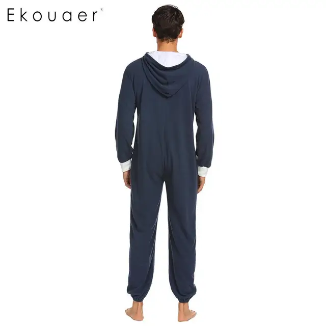 Ekouaer Men Pajama Set Onesies Sleepwear Fleece Hooded Long Sleeve Zip Up Patchwork Plus Size One-Piece Pajamas Sleepwear S-XXL