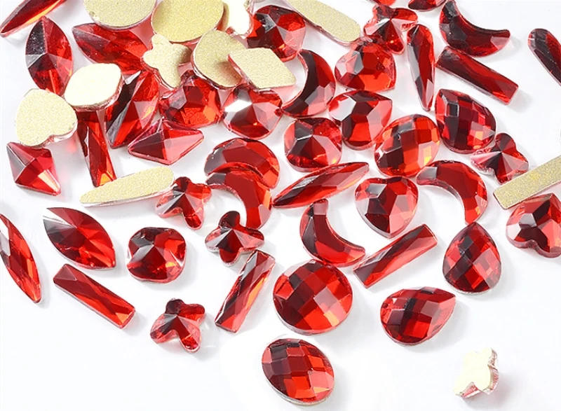 

20pcs Flat back Multi shapes China Red Crystal Glue on Rhinestone Super Bright Glass Strass Rhinestone for Nail Art Decorations
