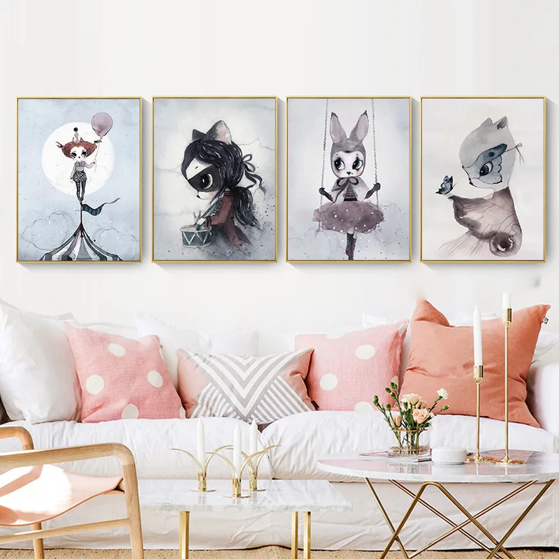 

HAOCHU European Retro Cartoon Animal Moon Rabbit Girl Fox Home Decoration Painting Wall Art Poster Canvas Oil Painting Mural