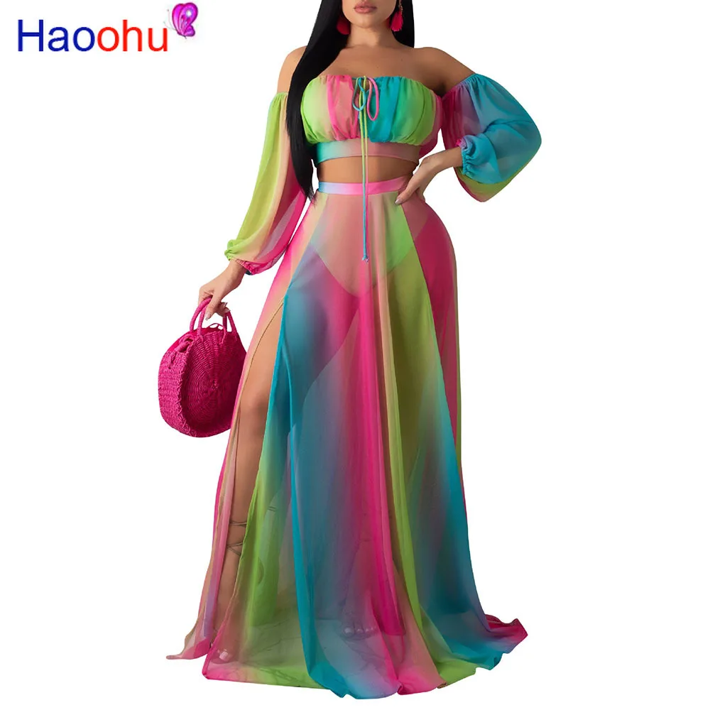 

HAOOHU Chiffon Sheer Two Piece Matching Sets Women Clothes Off Shoulder Crop Top and High Slit Maxi Skirt 3 Piece Beach Outfits