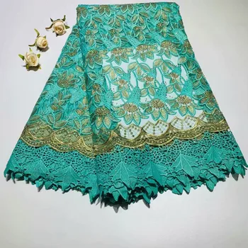 

2019 Latest French Guipure Lace Fabric High Quality Fushia teal green African Flower Tulle Lace Fabric With Beads For Wedding