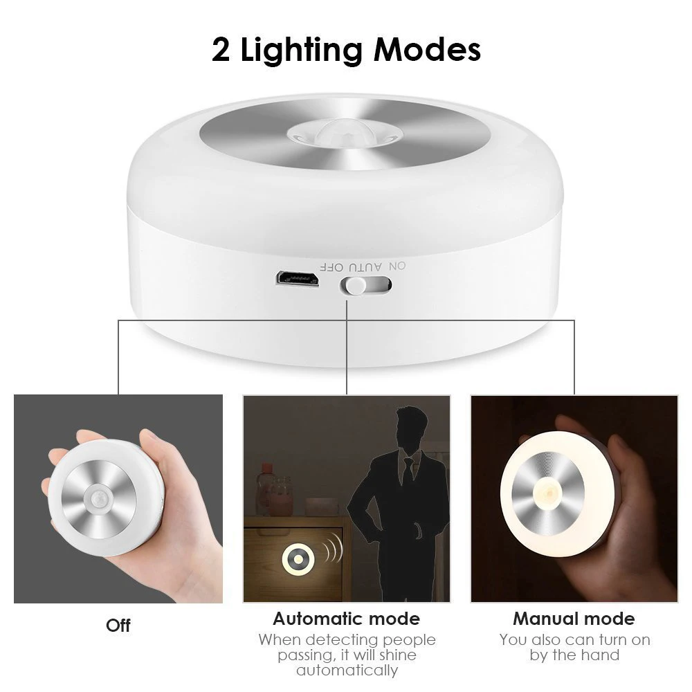  1/2/3PCS LED Sensor Cabinet Night Light Dual Induction USB AA PIR Infrared Motion Sensor White/Warm - 32948250409