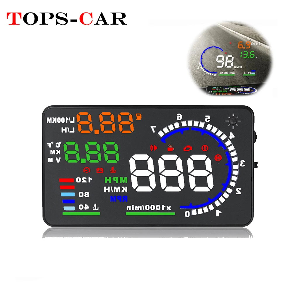 Comprar Gran venta A8 5,5 pulgadas HUD OBD2 Head Up Display para coche velocímetro Digital parabrisas proyector Overspeed Alarm