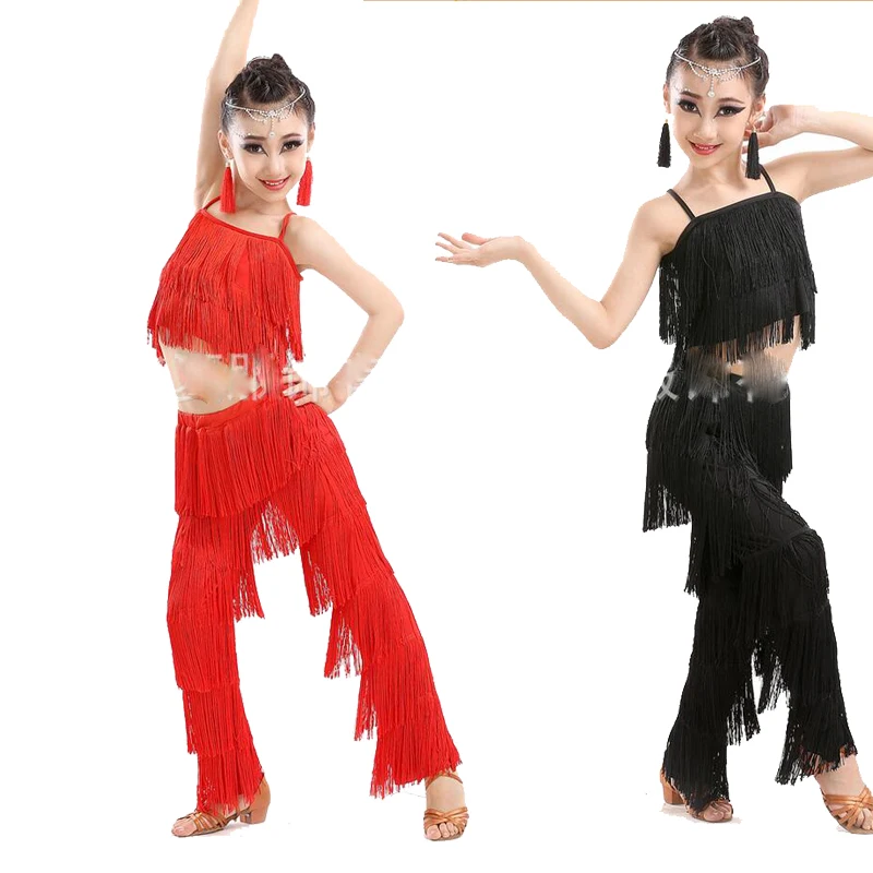 Colors Samba Latin dancewear costumes Girls Salsa ballroom Fringe trim dance Top&Pants costume Adult Ballroom dancing dress