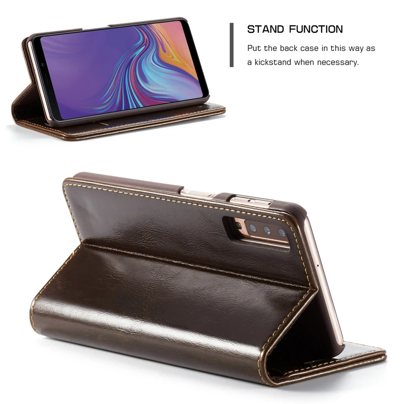  Luxury Glossy Leather Cover For Samsung A7 2018 A750 Wallet Card Flip Phone Case For Samsung Galaxy