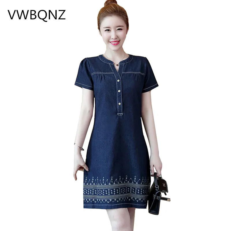 

Large size 5XL Women Denim Dress 2019 Fashion New Summer Embroidered A line Denim Dress Casual Short-sleeved Female Jeans Dress