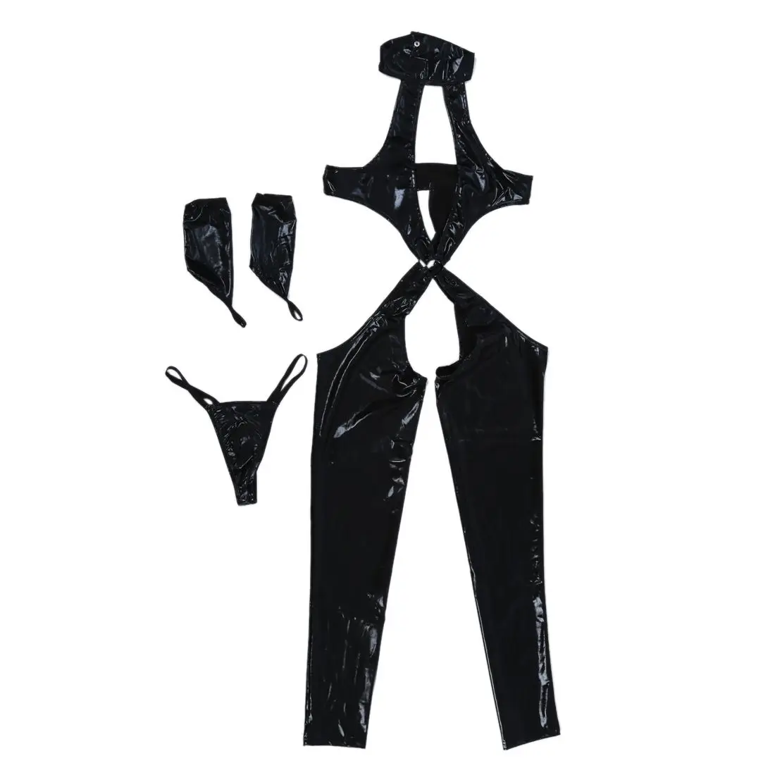 Sexy Black Open Crotch PVC Jumpsuits+Gloves+G String Set Club Game