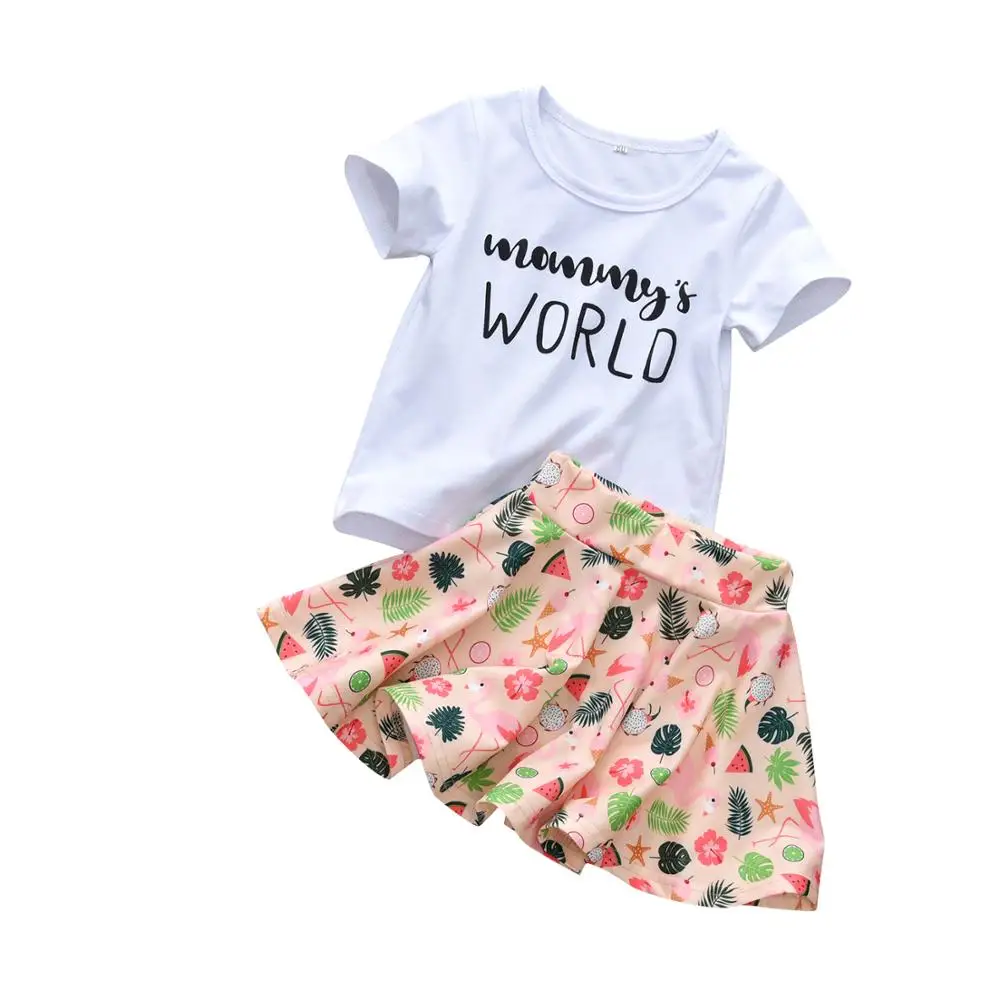 

Summer Kids Girl Clothes Toddler Infant Girls Clthing Set Short Sleeve Mommy's World Letters T-shirt and Cartoon Skirt