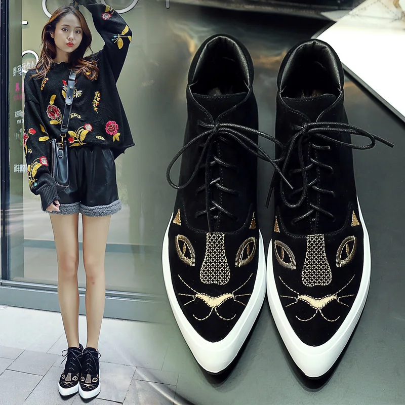 

New Womens Real Leather Muffin Flat Platform Lace Up Shoes Ankle Boots Pointed Toe Cartoon Cat Prints Black G72