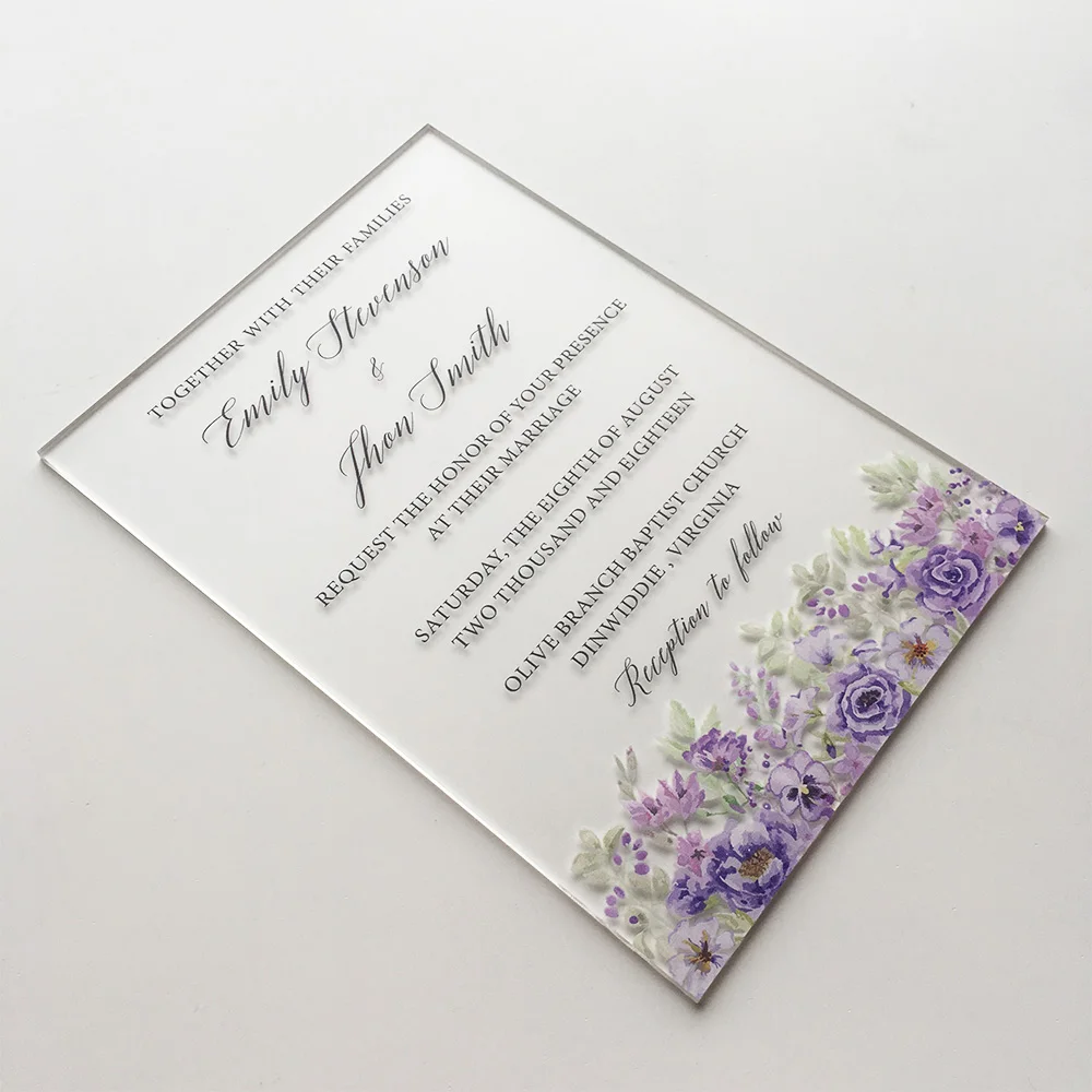  50 Pieces Per Lot Purple Floral Watercolor Style 5x7inch Frosted Acrylic Wedding Invitation Card - 32871231929
