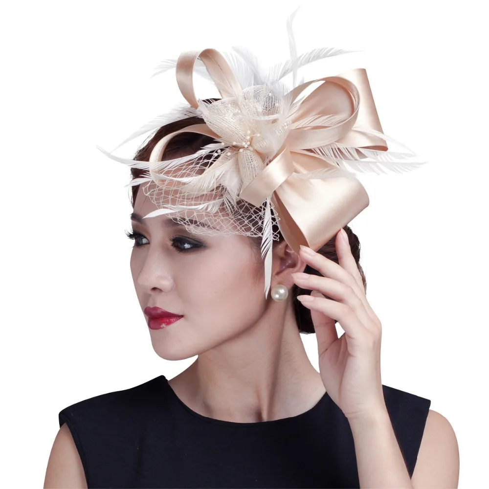 Buy 2015 women champagne feather flower Fascinator with bow ladies hair
