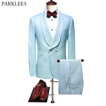 

Mens Luxury Jacquard Shawl Lapel Suits Set Tuxedo Fashion Double Breasted Groom Wedding Business Blazer&Pants Terno Masculino
