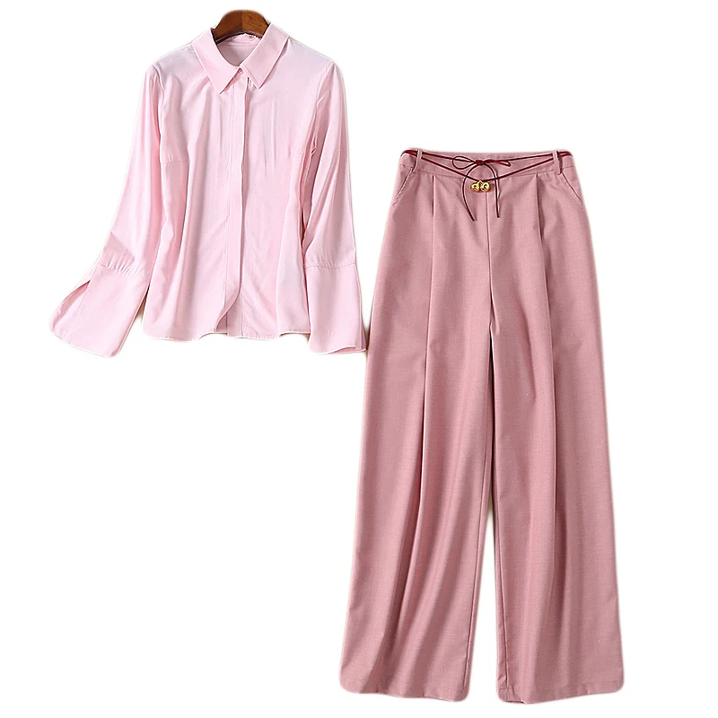 1127-17 Q весенний модный дизайнерский Женский Повседневный розовый офисный комплект, рубашка с отворотом и расклешенными рукавами+ кружевные Широкие штаны, комплект из 2 предметов
