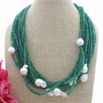

N060506 20" 10 Strands Faceted Green White Keshi Pearl Necklace