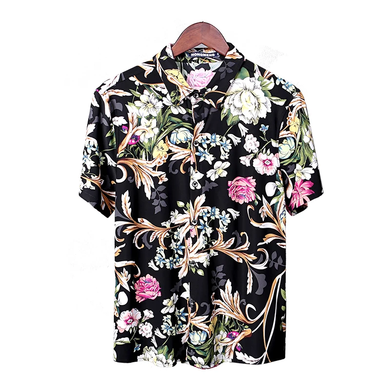 

Mens black flower printed short sleeve summer shirts Twill floral turn down collar high street single breasted size M-5XL drop