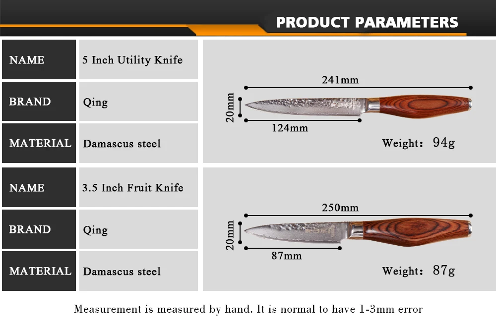 QING Дамасские Ножи высокой прочности 3," 5" кухонный нож для очистки овощей универсальный нож эргономичный дизайн цветная деревянная ручка инструменты для приготовления пищи