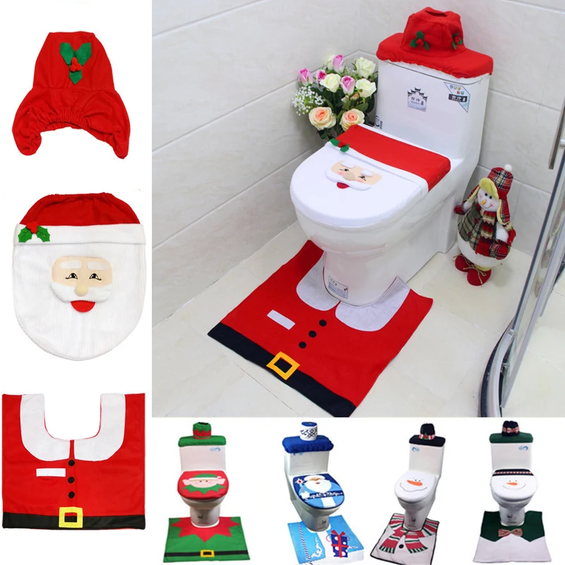 3 pcs Christmas Santa Toilet Seat Cover Rug Bathroom Set home Decoration Rug Christmas U type